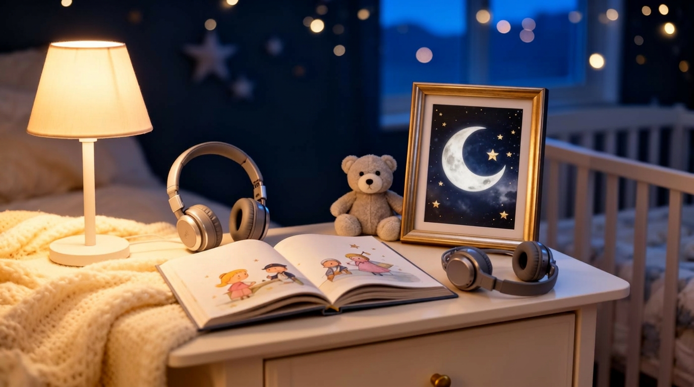 Nocna szafka w księżycowym pokoju dziecięcym z otwartą książką, słuchawkami, misiem i obrazkiem z księżycem i gwiazdami.